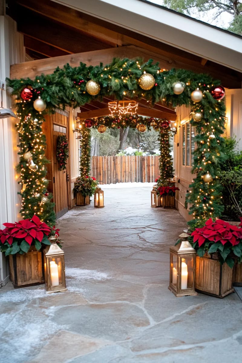 illuminated archway of greenery and gold ornaments at the walkway entrance 1