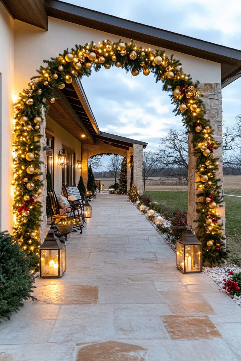 illuminated archway of greenery and gold ornaments at the walkway entrance 1