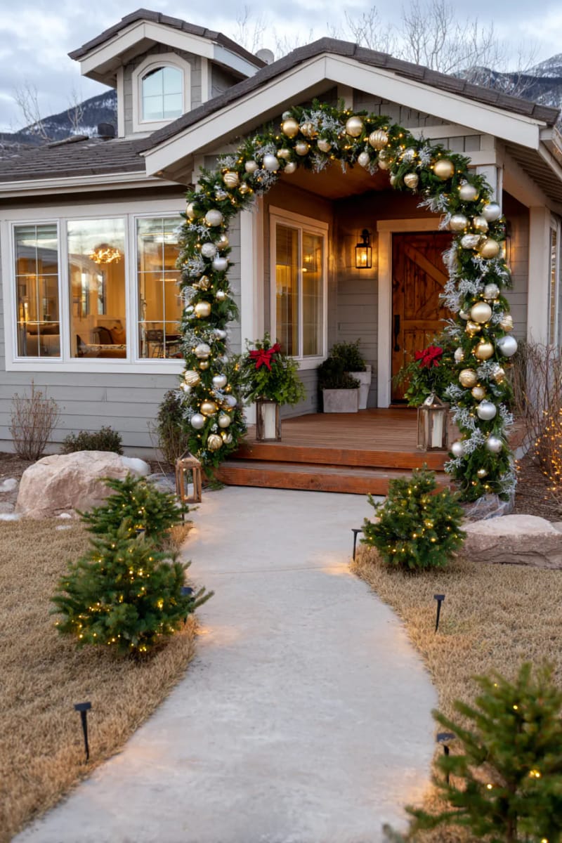 illuminated archway of greenery and gold ornaments at the walkway entrance 1