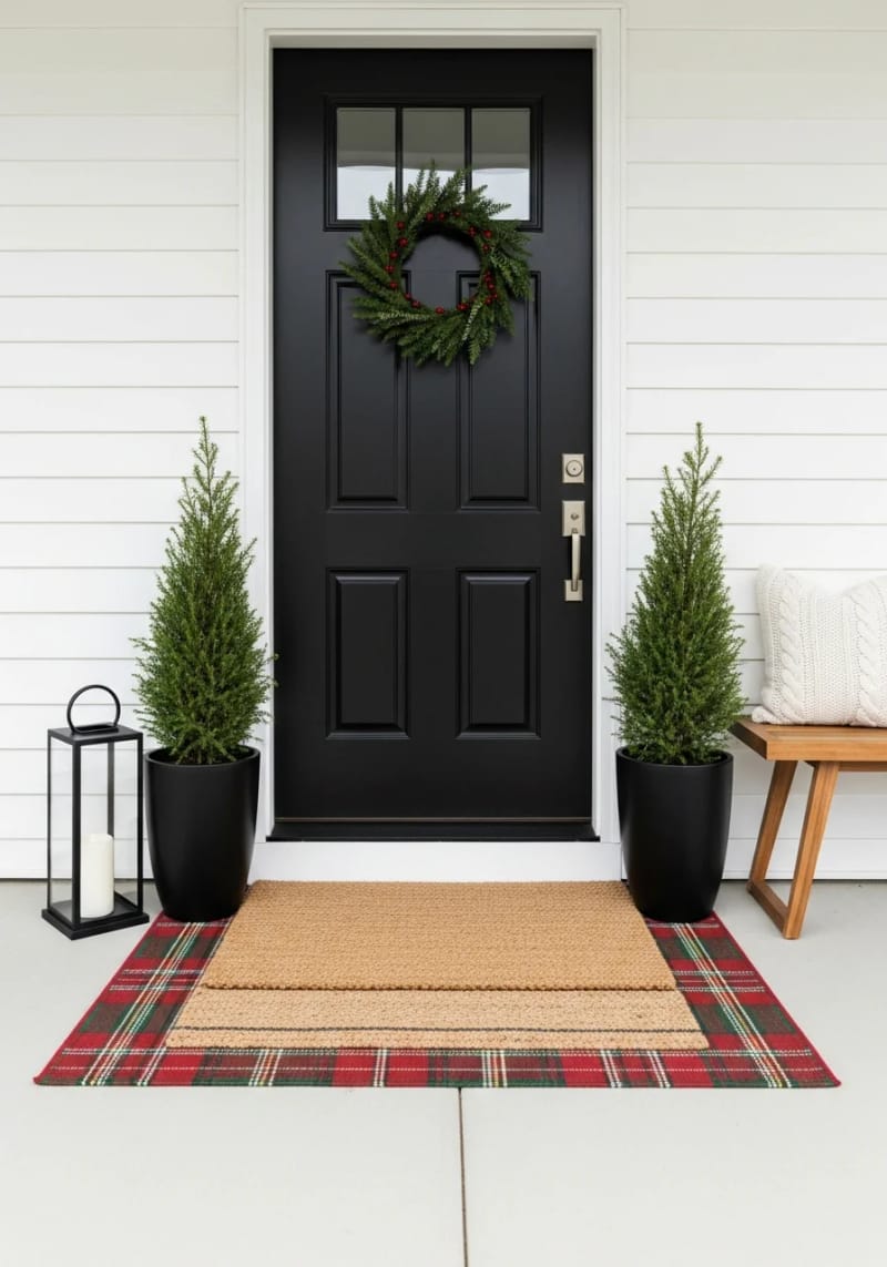 jute doormat paired with plaid rug for a layered, cozy effect 1