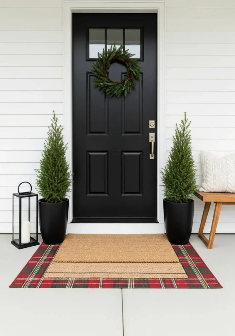 jute doormat paired with plaid rug for a layered, cozy effect 1