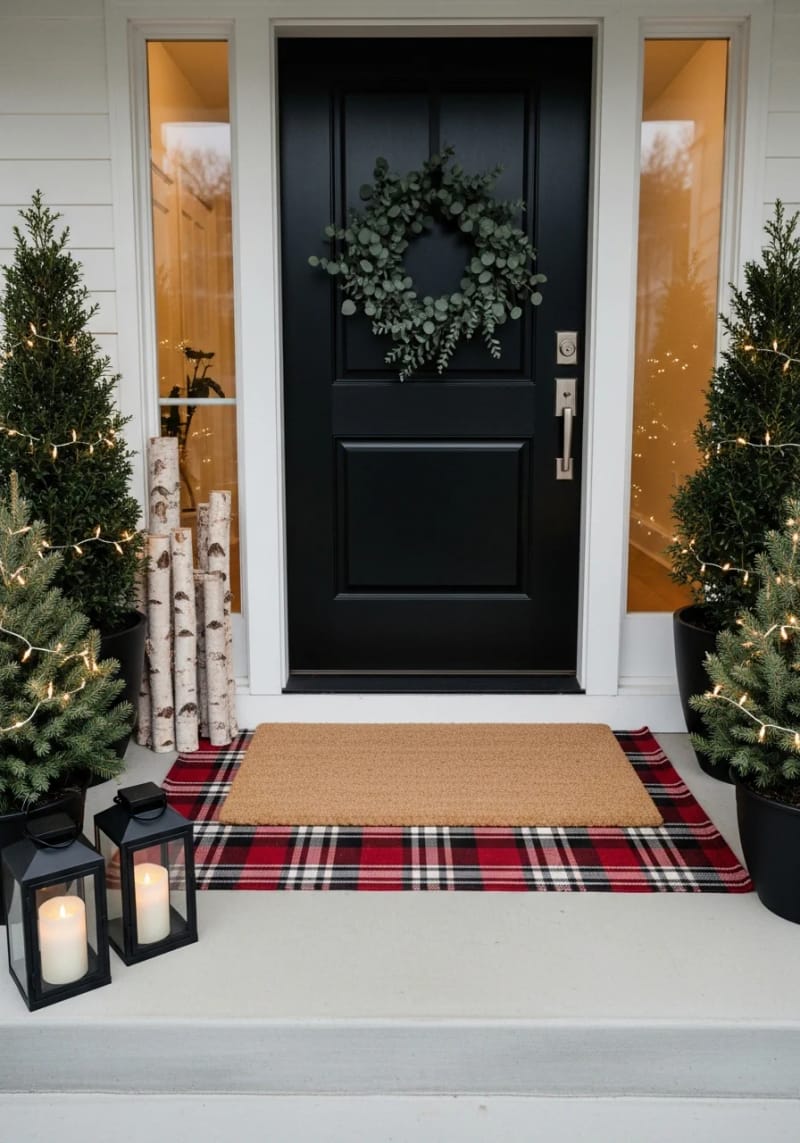 jute doormat paired with plaid rug for a layered, cozy effect 1