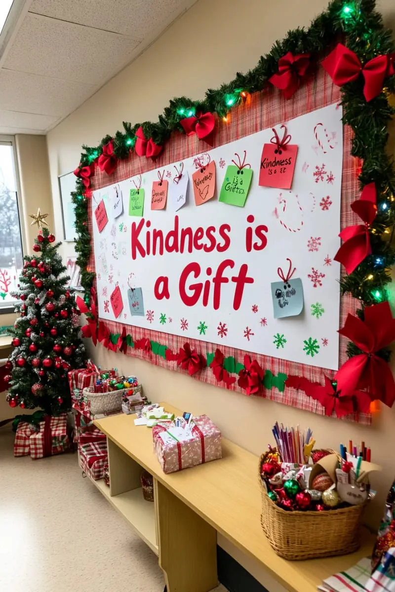 21 Festive Classroom Christmas Decor Ideas for a Joyful Season 104 “kindness is a gift” bulletin board with gift tags for acts of kindness 1