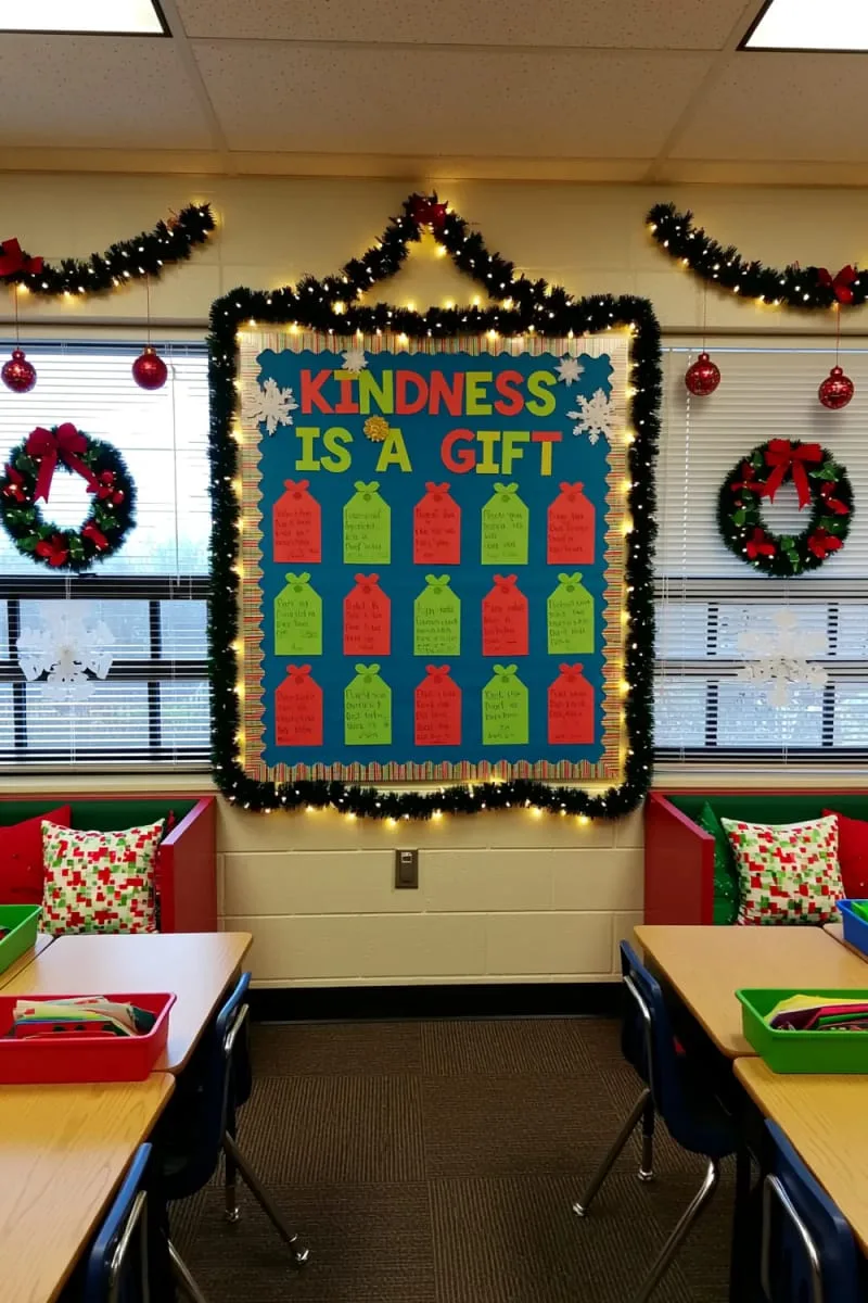 21 Festive Classroom Christmas Decor Ideas for a Joyful Season 105 “kindness is a gift” bulletin board with gift tags for acts of kindness 1
