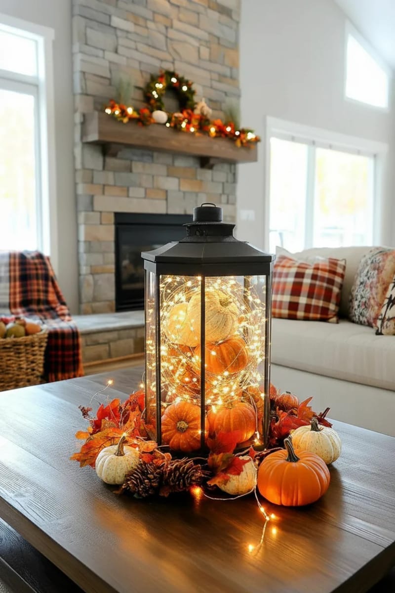 lantern filled with fairy lights, pumpkins, and faux autumn leaves 1