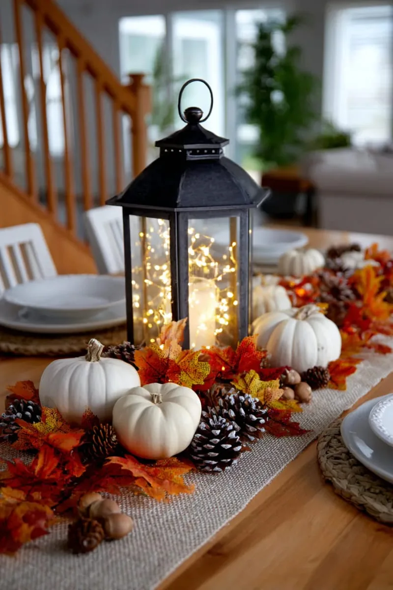 lantern filled with fairy lights, pumpkins, and faux autumn leaves 1