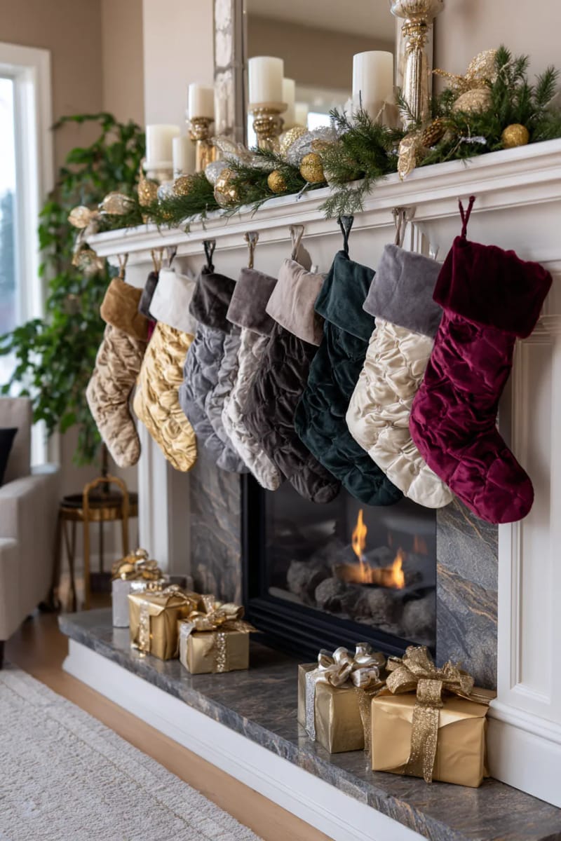 layer metallic and velvet stockings for a luxe, cozy fireplace display. 1