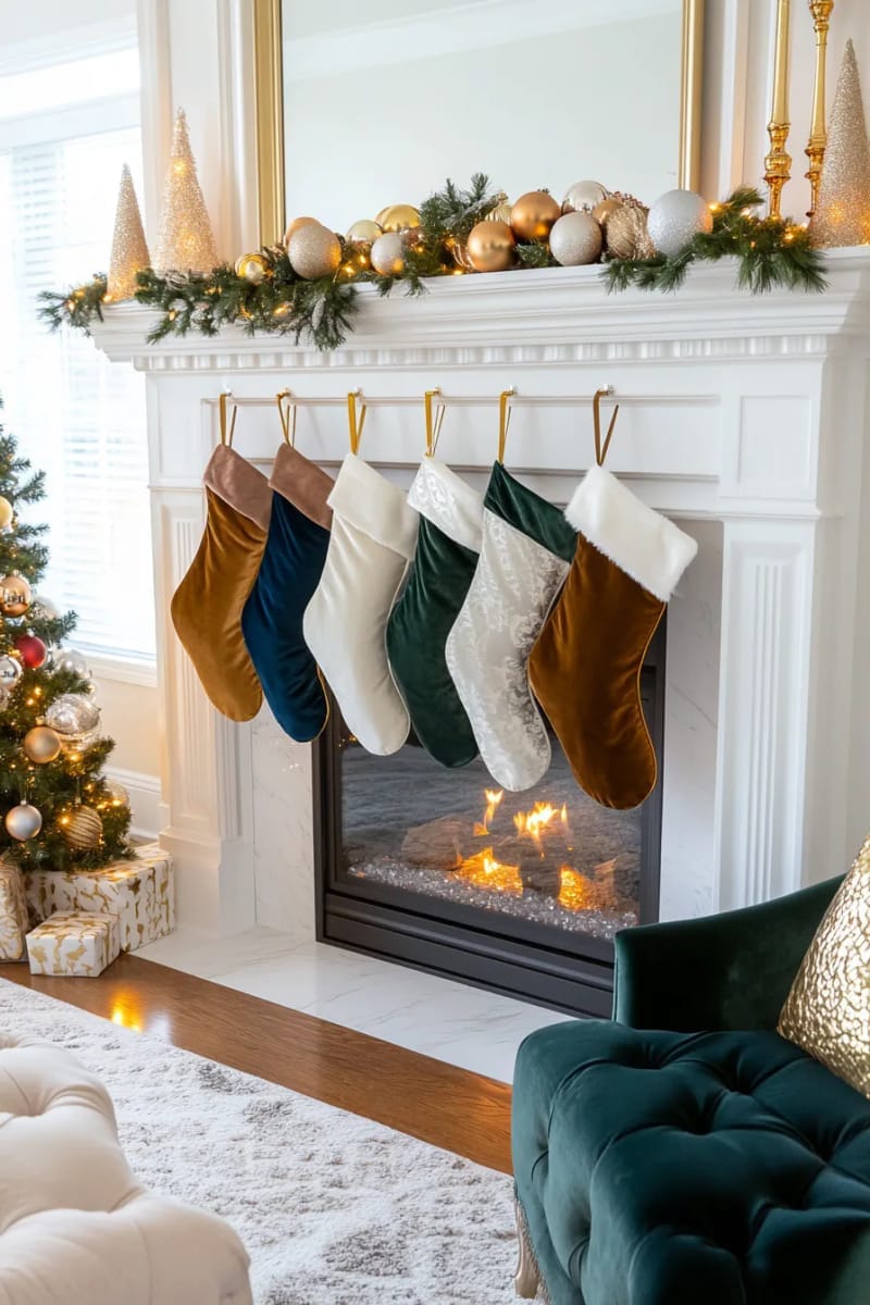 layer metallic and velvet stockings for a luxe, cozy fireplace display. 1