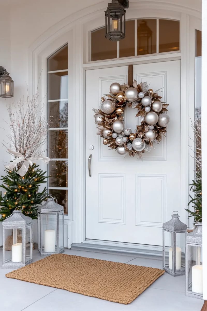 layer silver and gold metallic wreaths on a minimalist white front door. 1