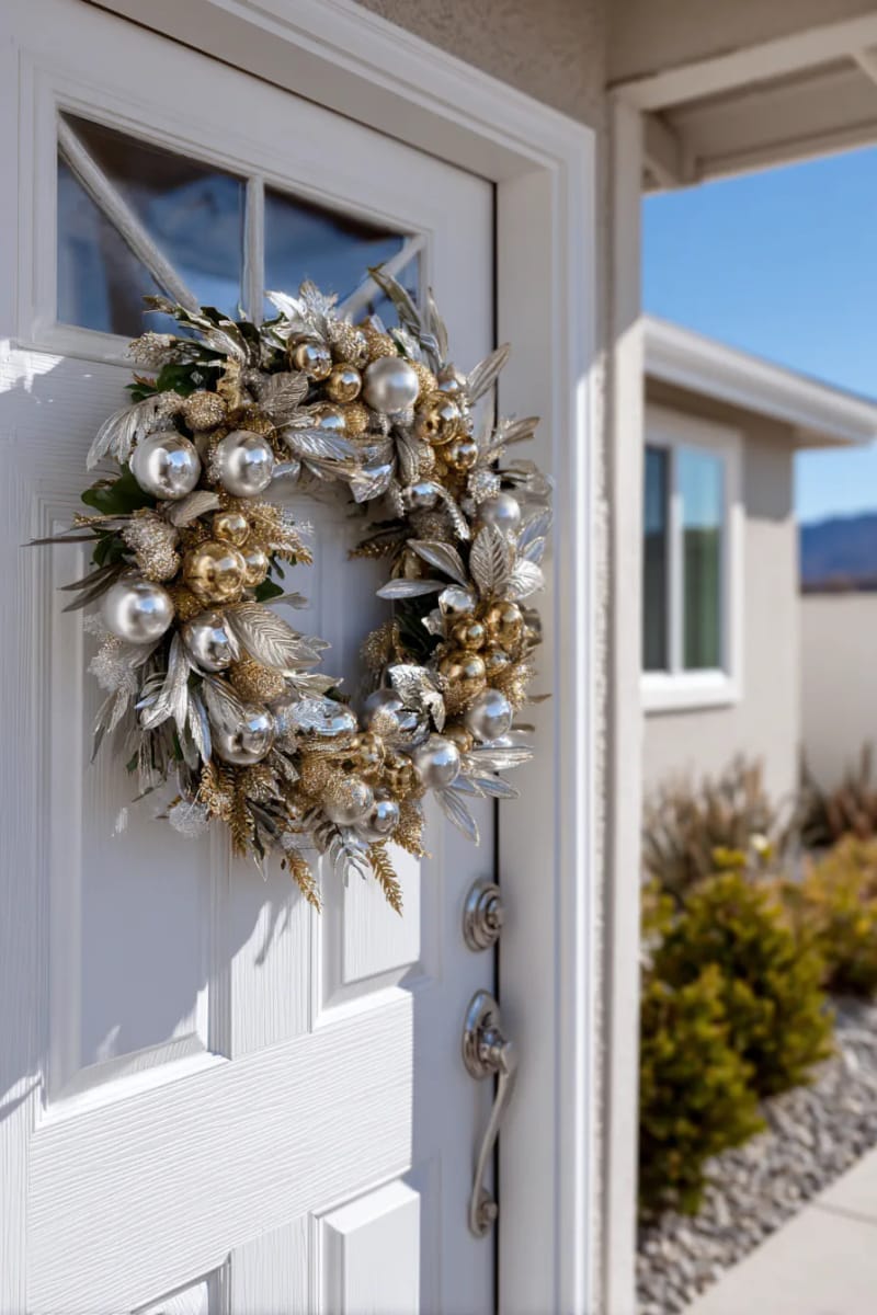 layer silver and gold metallic wreaths on a minimalist white front door. 1