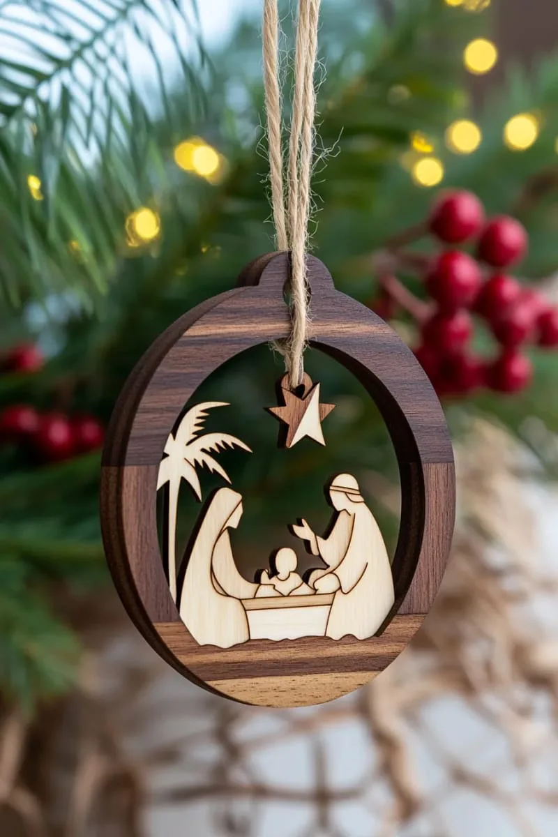 layered 3d nativity scene ornament with stained wood details 1