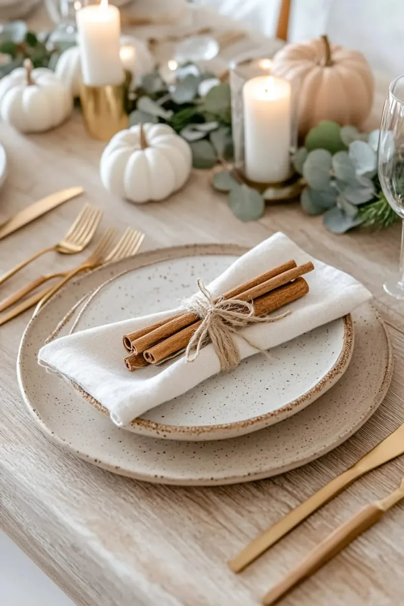 layered linen napkins with cinnamon stick bundles and twine 1