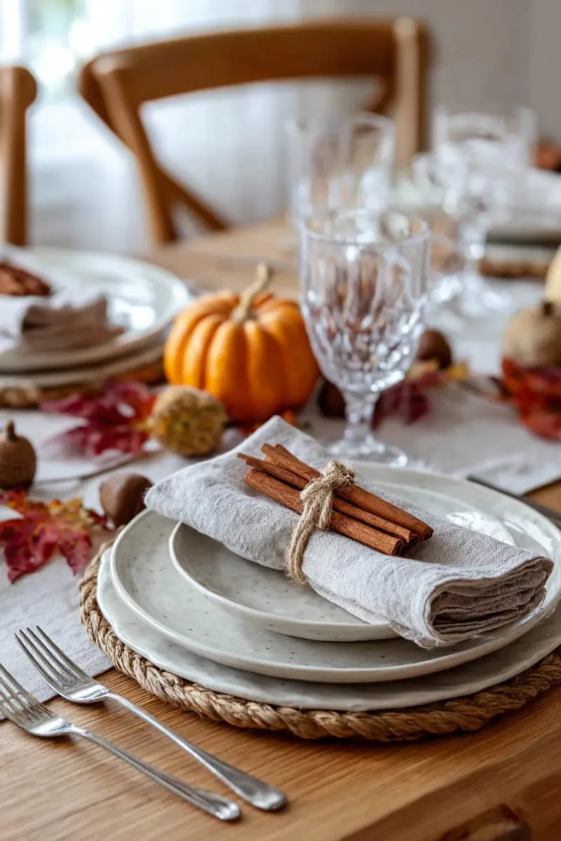 layered linen napkins with cinnamon stick bundles and twine 1