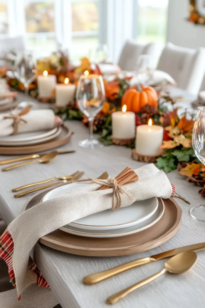 layered linen napkins with cinnamon stick bundles and twine 1