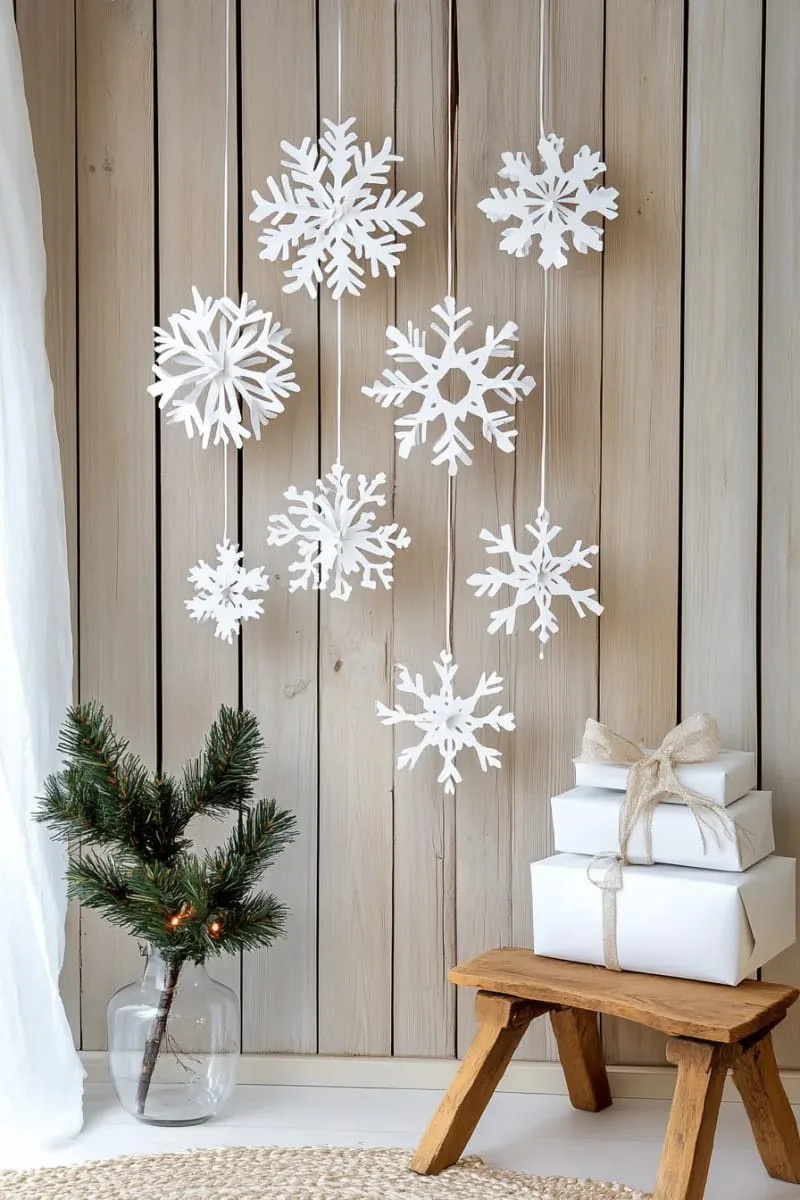 layered paper snowflake garlands cascading down bare wood walls 1