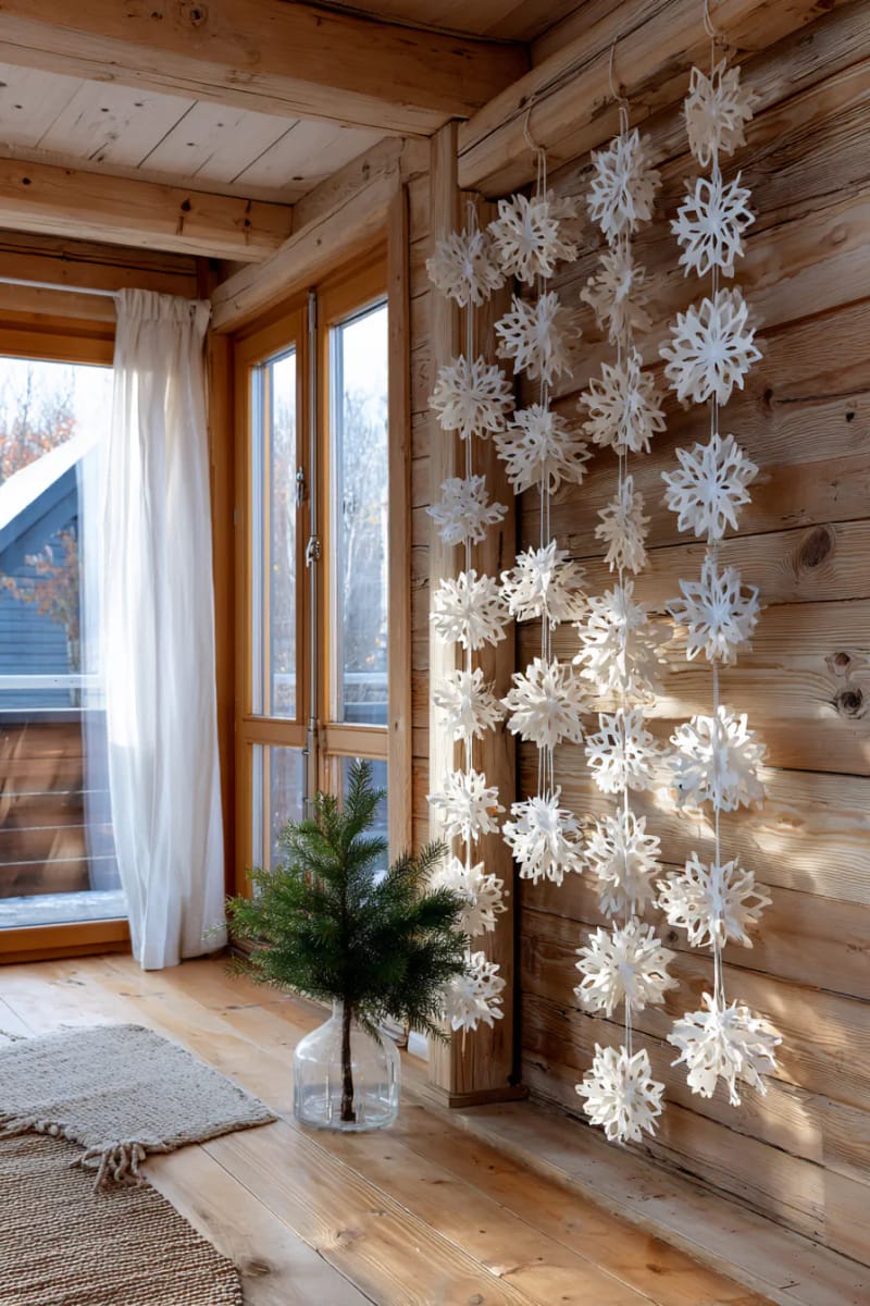 21 Scandinavian Christmas Decorations Ideas To Bring Nordic Charm at Home 26 layered paper snowflake garlands cascading down bare wood walls 1