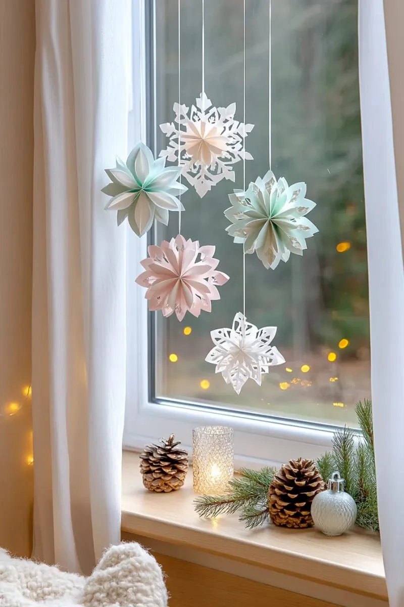 layered paper snowflake mobiles for a dreamy window display 1