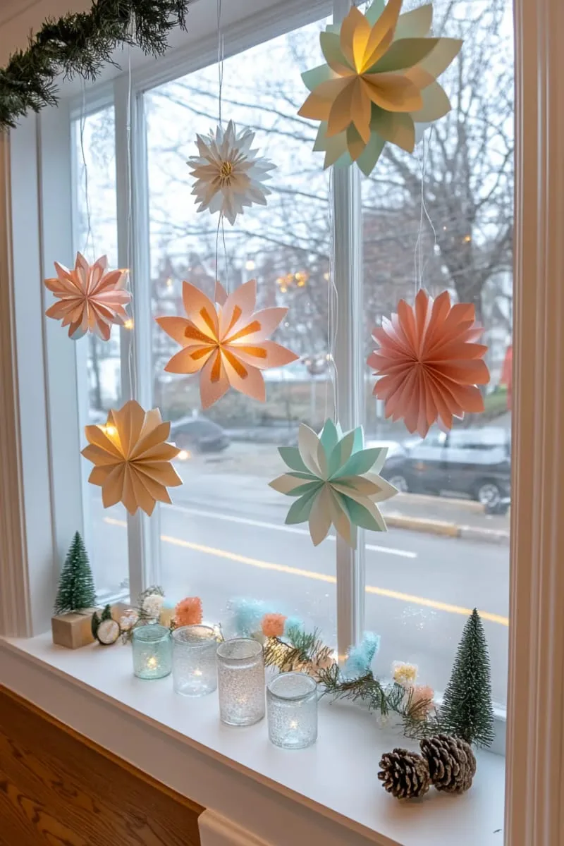 layered paper snowflake mobiles for a dreamy window display 1