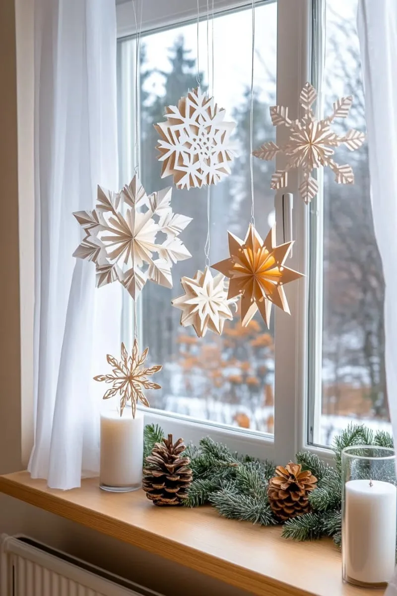 layered paper snowflake mobiles for a dreamy window display 1