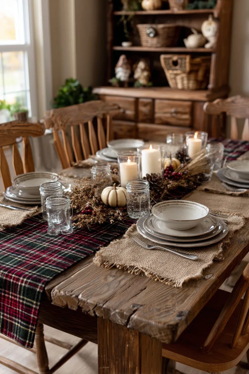 layered plaid and burlap table runners for a rustic farmhouse vibe 1