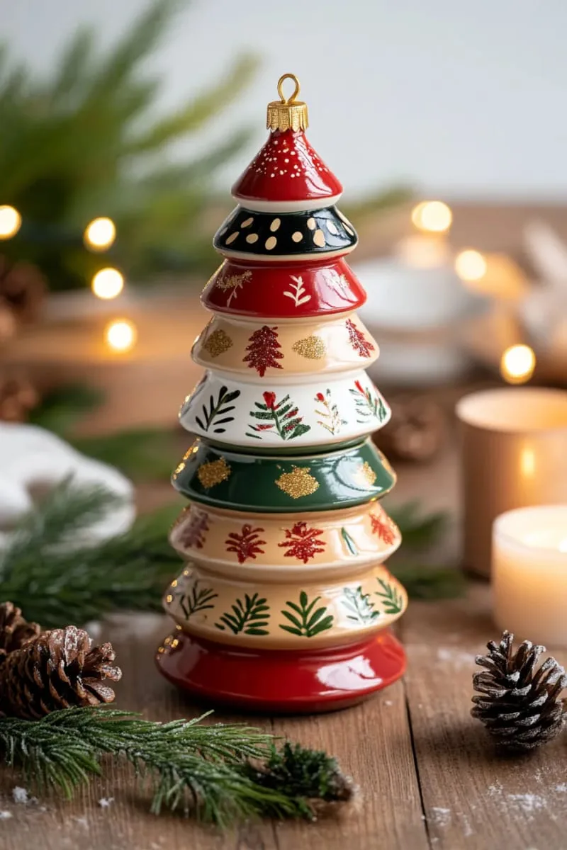 layered pottery christmas tree sculpture with hand-painted ornaments 1