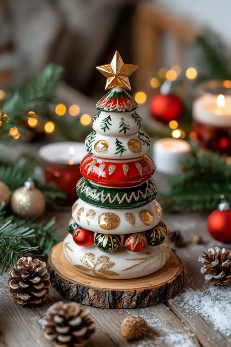 layered pottery christmas tree sculpture with hand-painted ornaments 1