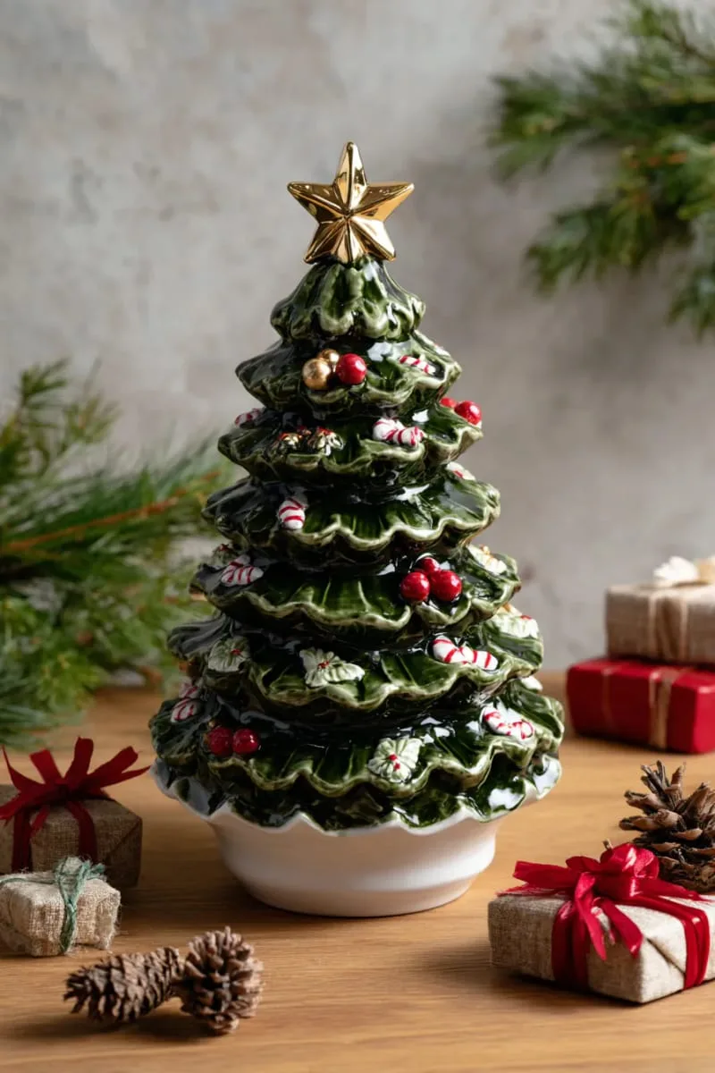 layered pottery christmas tree sculpture with hand-painted ornaments 1