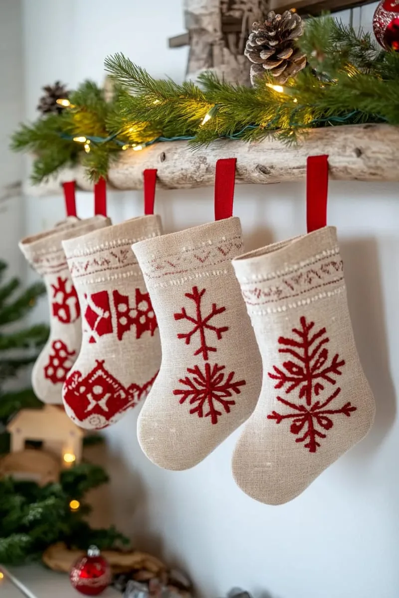 linen stockings with embroidered scandinavian patterns hung from a branch 1