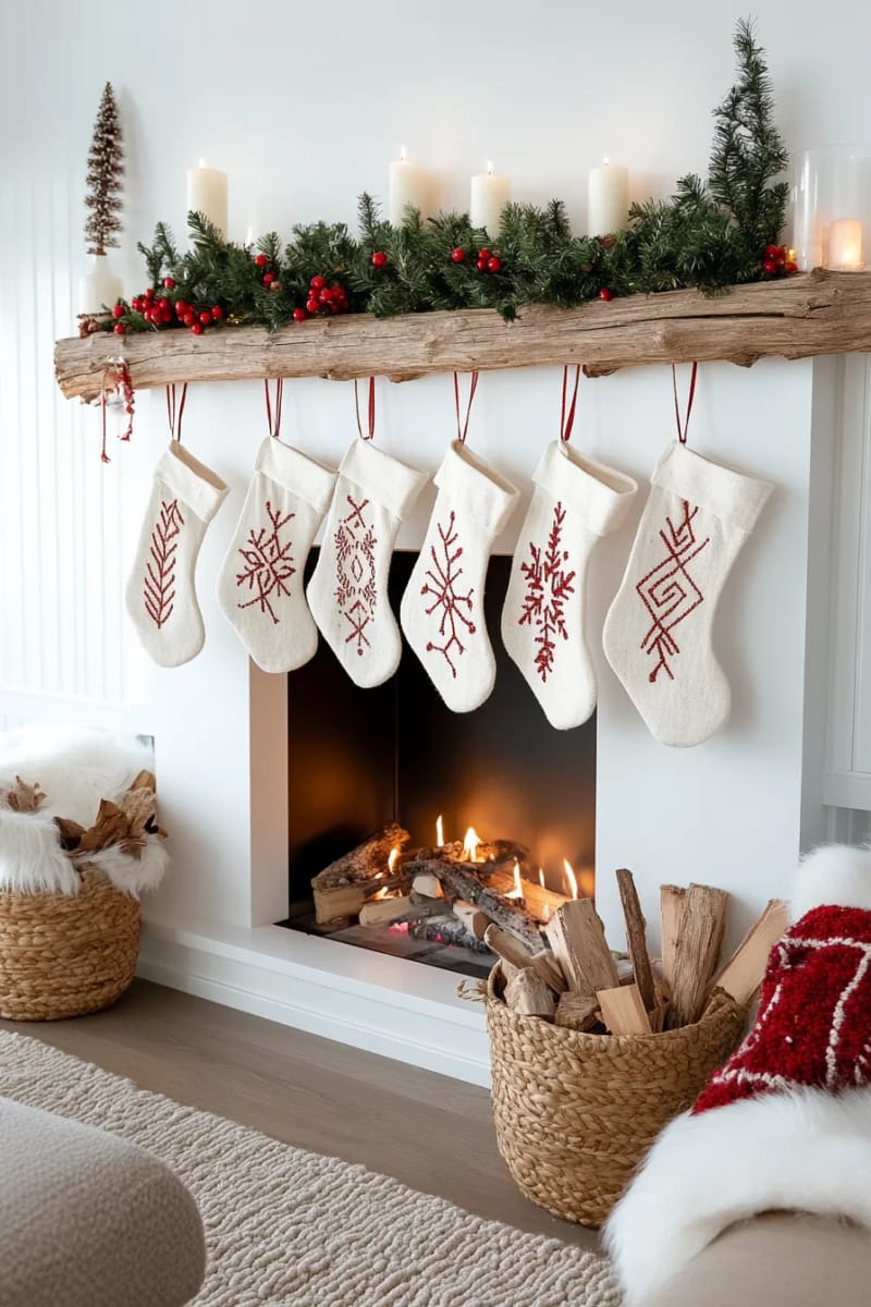 21 Scandinavian Christmas Decorations Ideas To Bring Nordic Charm at Home 35 linen stockings with embroidered scandinavian patterns hung from a branch 1
