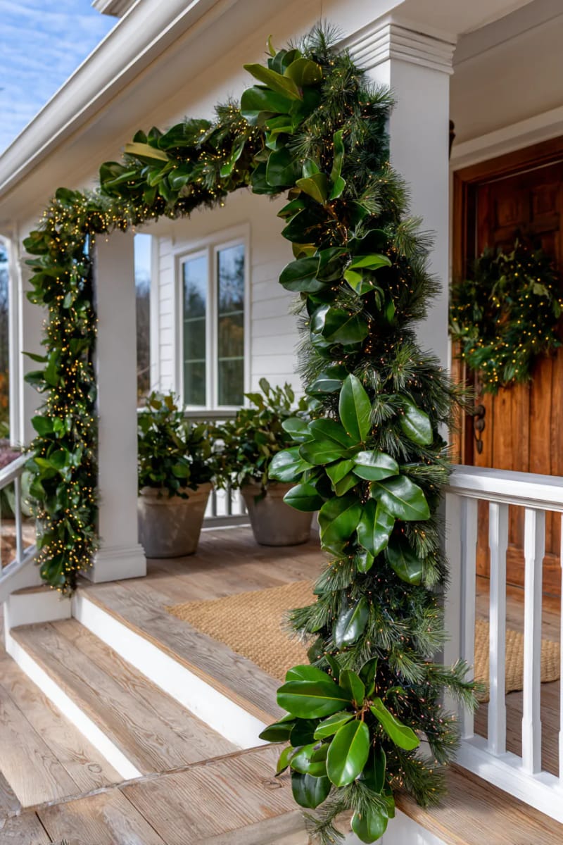 lush garland twined with magnolia leaves and copper string lights 1