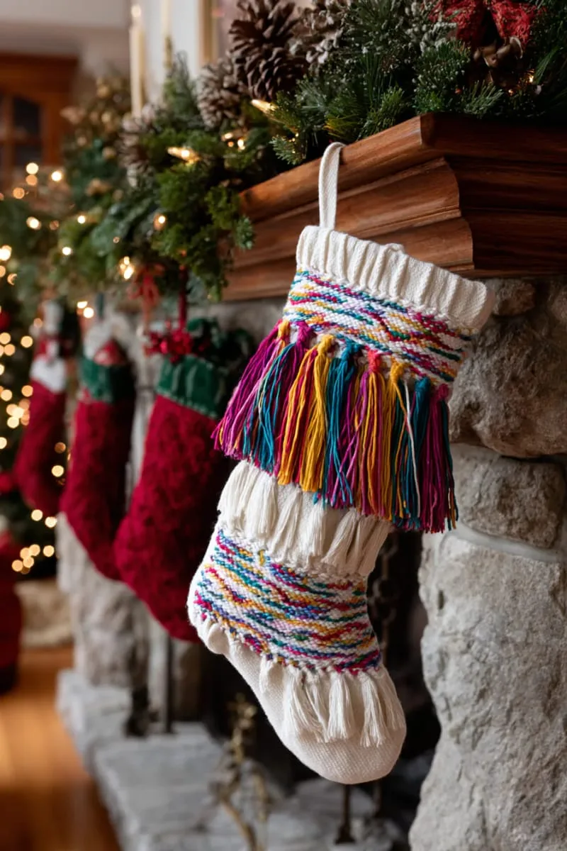 make a rainbow stocking using multicolored yarn tassels and braids 1