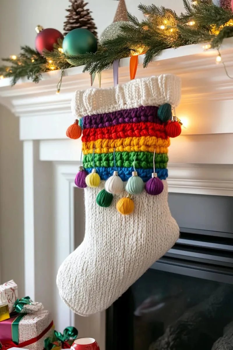 make a rainbow stocking using multicolored yarn tassels and braids 1