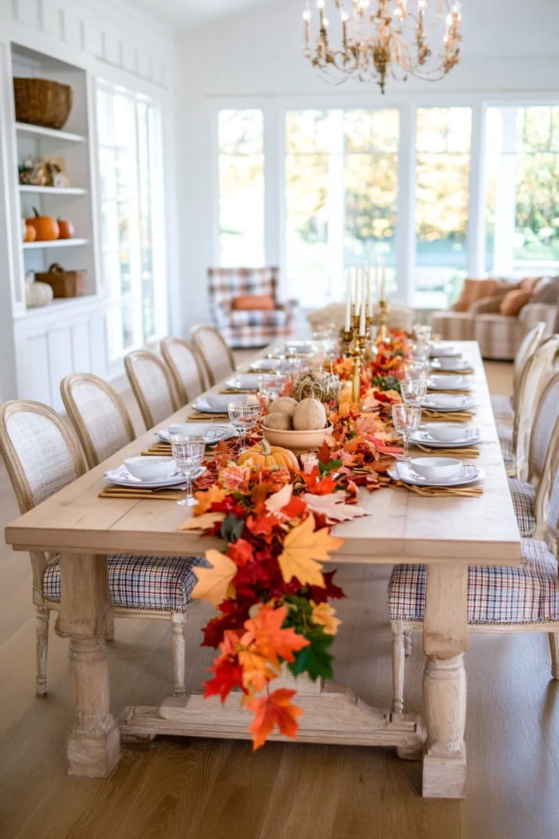 maple leaf garland weaving down the center of the table 1