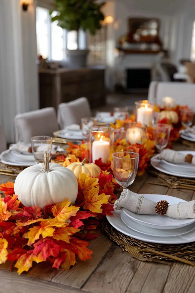 maple leaf garland weaving down the center of the table 1