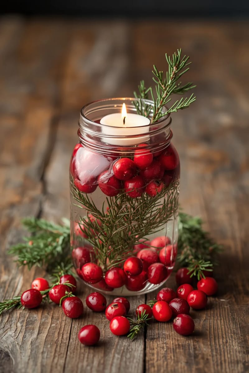 mason jar filled with cranberries, floating candle, and pine branches 1