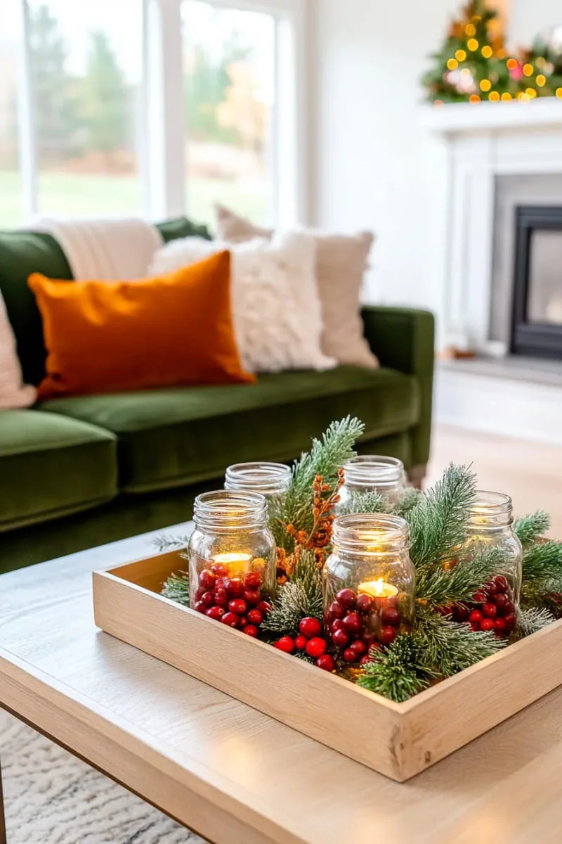 mason jars filled with cranberries, floating candles, and pine sprigs 1
