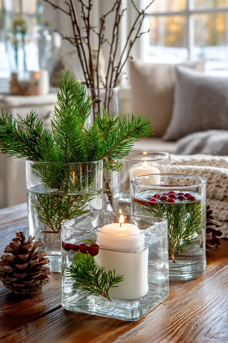 mason jars filled with cranberries, floating candles, and pine sprigs 1