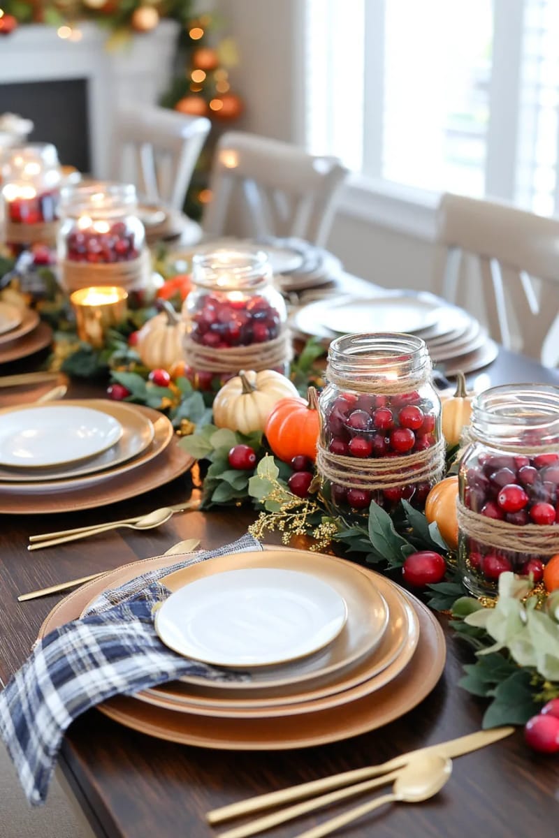 mason jars with twine, filled with cranberries and floating candles 1