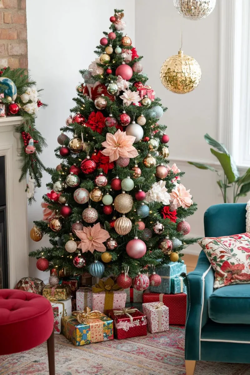 21 Whimsical Colorful Christmas Trees That Wow! 23 maximalist tree loaded with multicolor baubles, ribbons, and floral picks 1