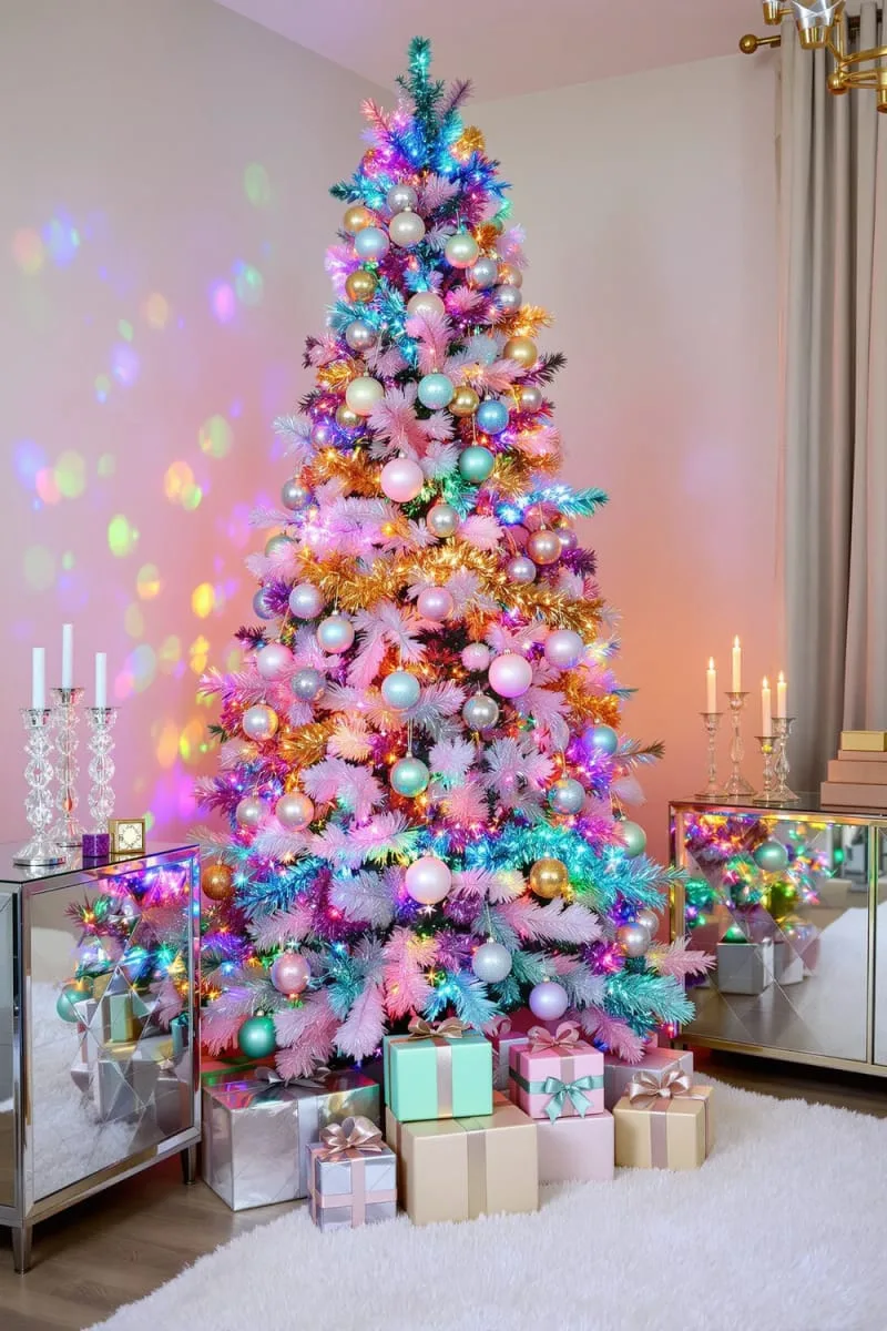 21 Whimsical Colorful Christmas Trees That Wow! 16 metallic rainbow tree using iridescent ornaments and shimmering garland 1