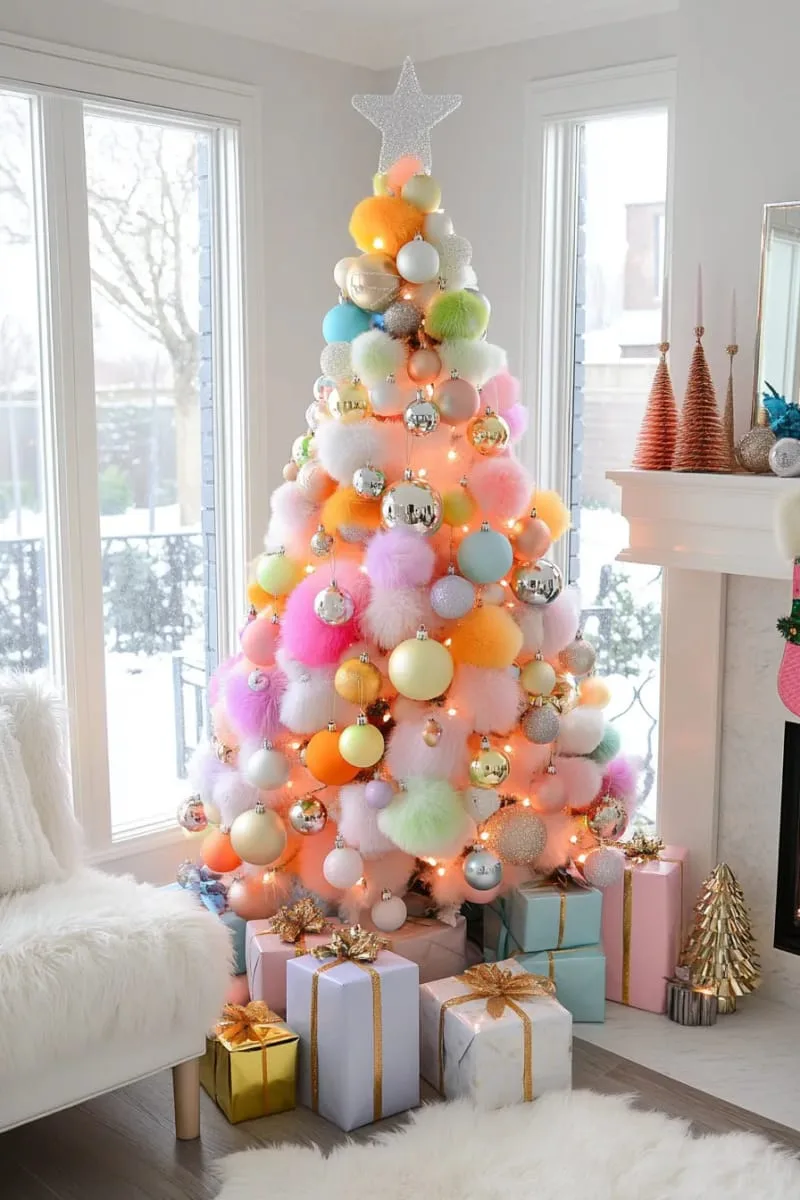 21 Whimsical Colorful Christmas Trees That Wow! 17 metallic rainbow tree using iridescent ornaments and shimmering garland 1