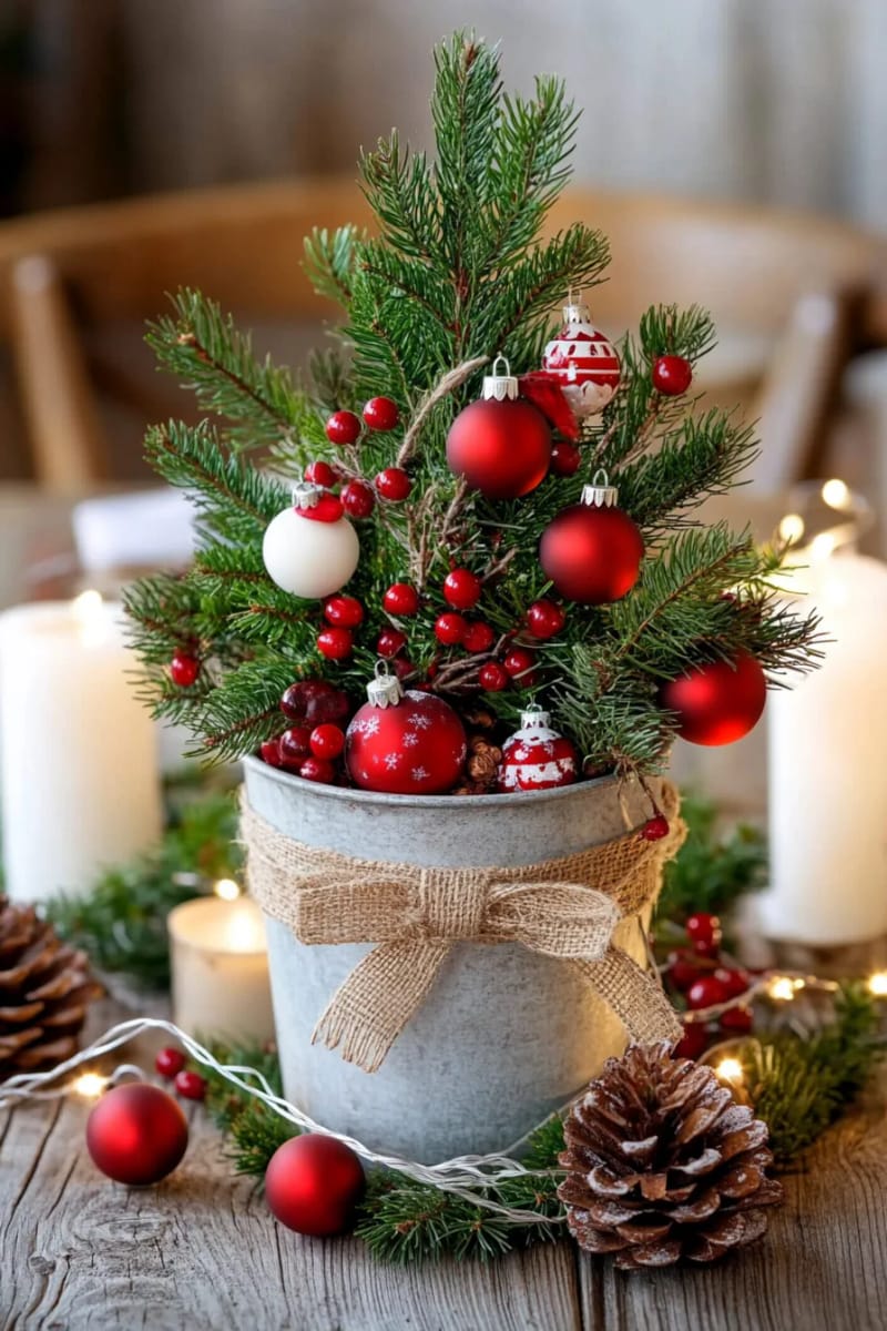 mini christmas tree centerpiece in a galvanized metal bucket 1