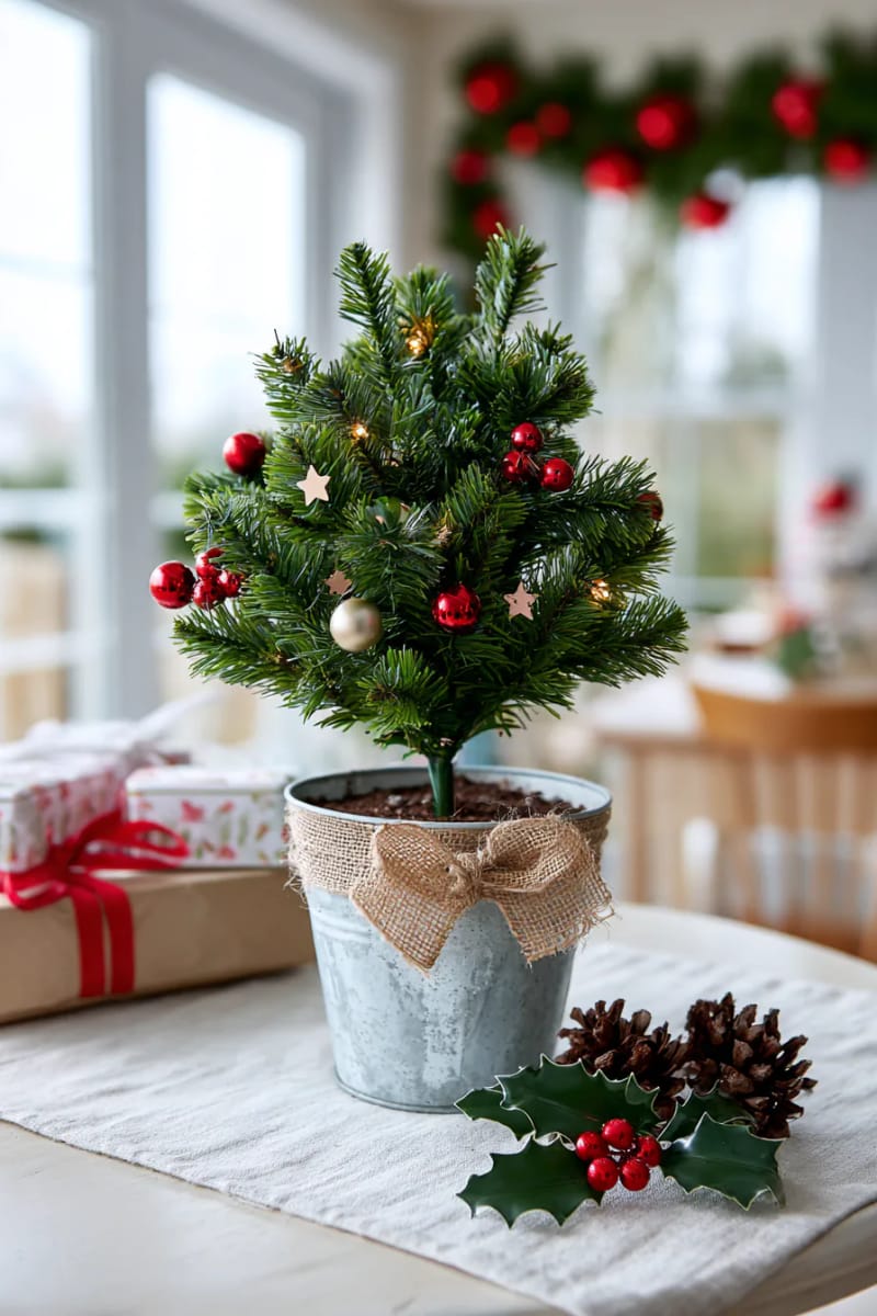 mini christmas tree centerpiece in a galvanized metal bucket 1