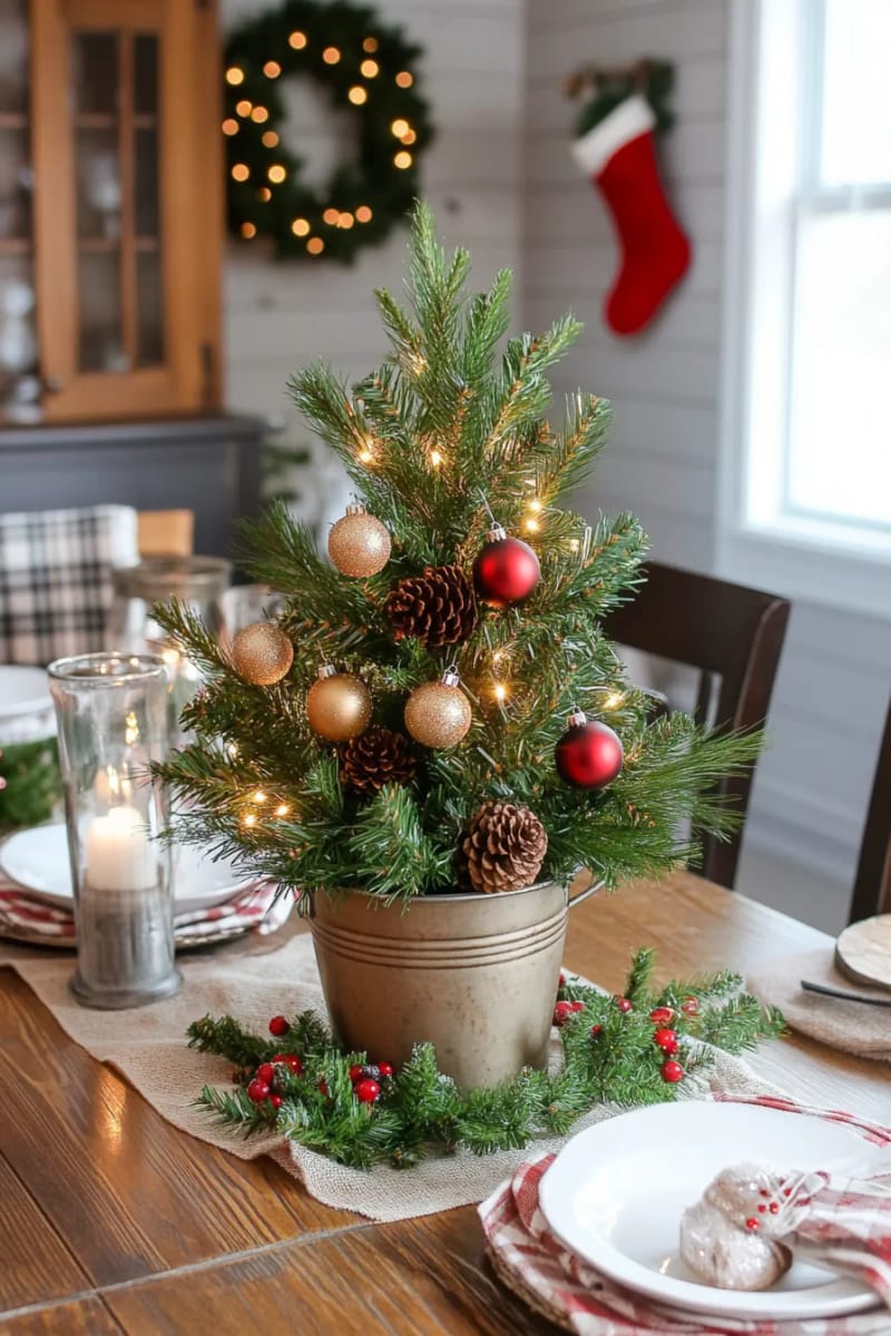 mini christmas tree centerpiece in a galvanized metal bucket 1