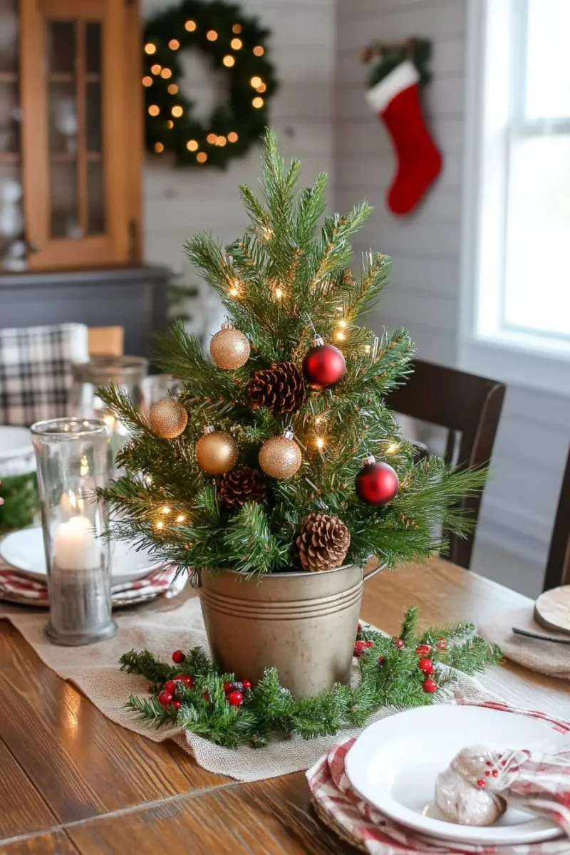 15 Easy DIY Christmas Centerpieces to Brighten the Yuletide Season 19 mini christmas tree centerpiece in a galvanized metal bucket 1