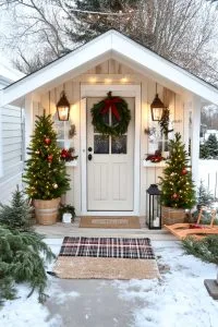 15 She Shed Christmas Decor Ideas For A Unique Winter Wonderland 1 mini christmas trees in galvanized buckets flanking the shed entrance 10