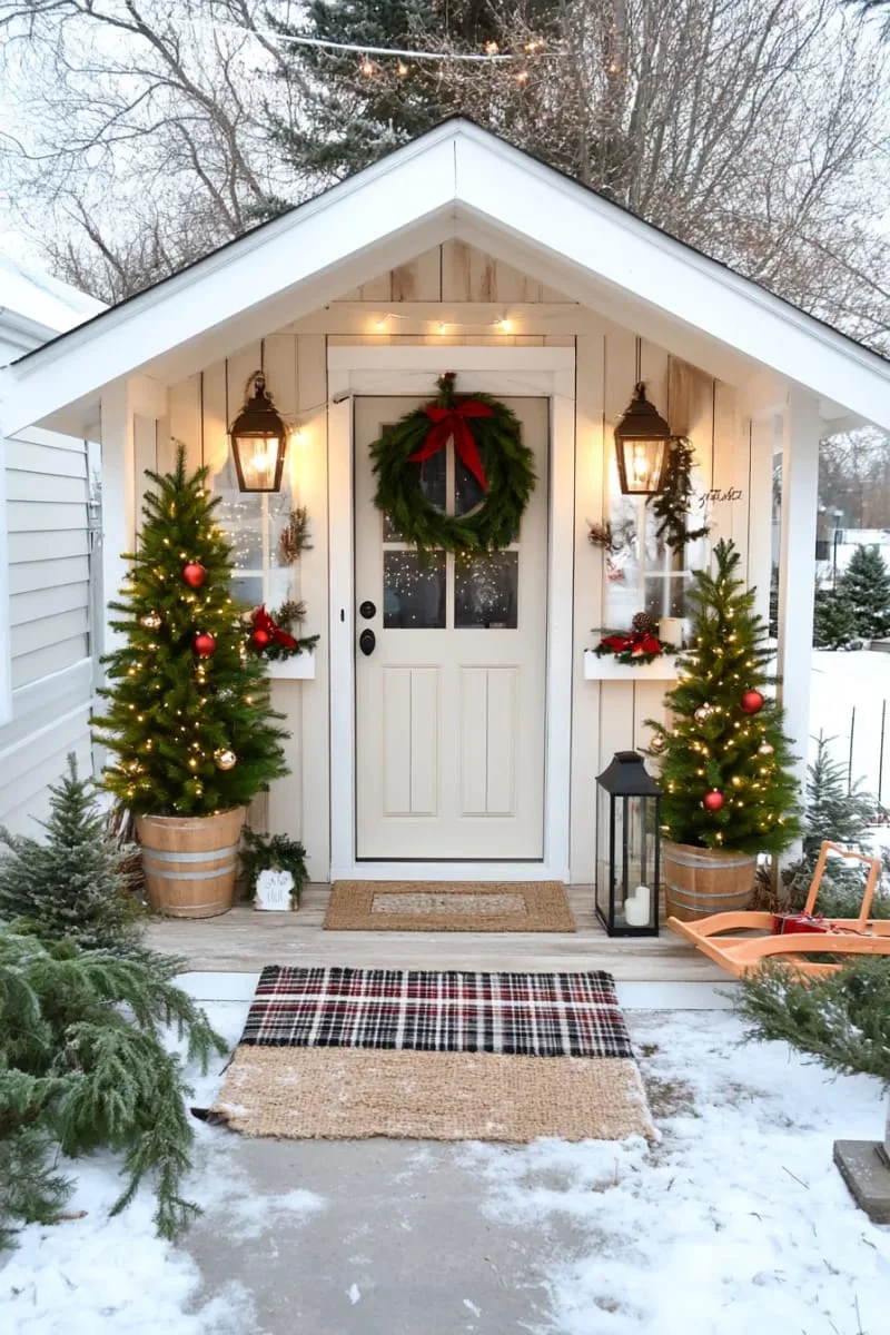 15 She Shed Christmas Decor Ideas For A Unique Winter Wonderland 11 mini christmas trees in galvanized buckets flanking the shed entrance 1