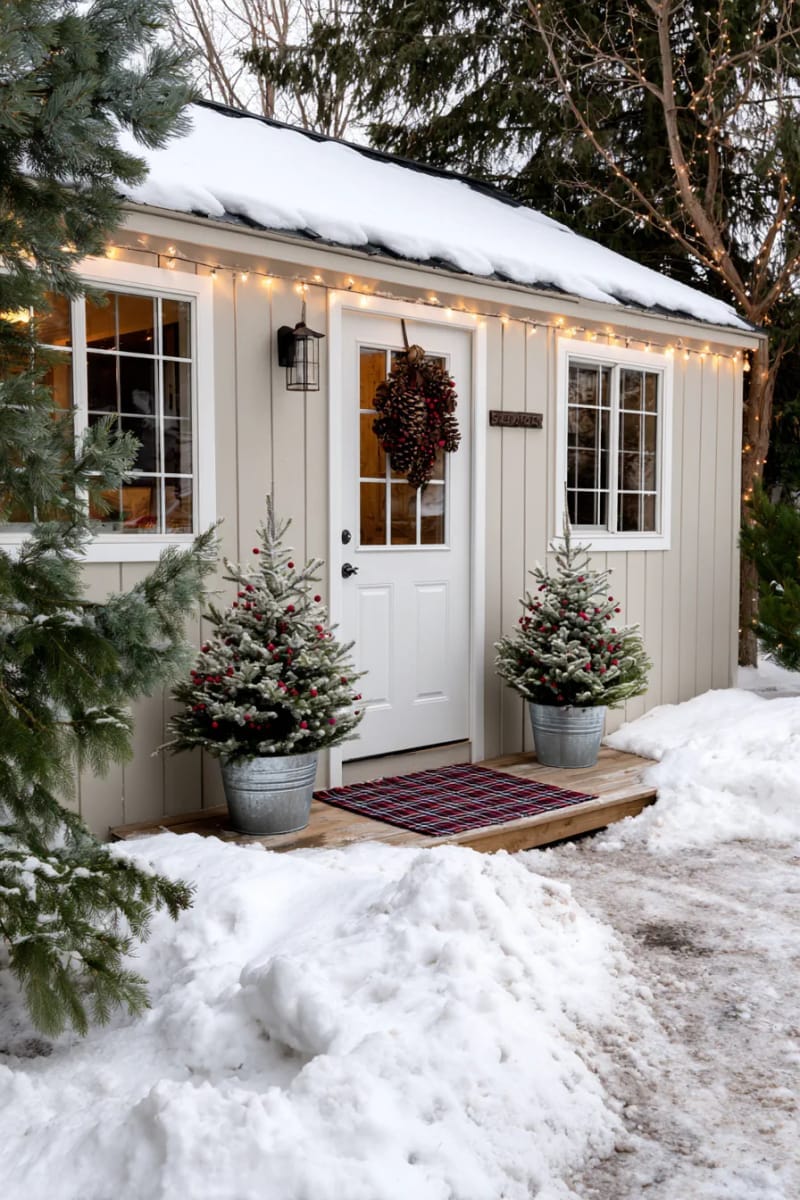 mini christmas trees in galvanized buckets flanking the shed entrance 1