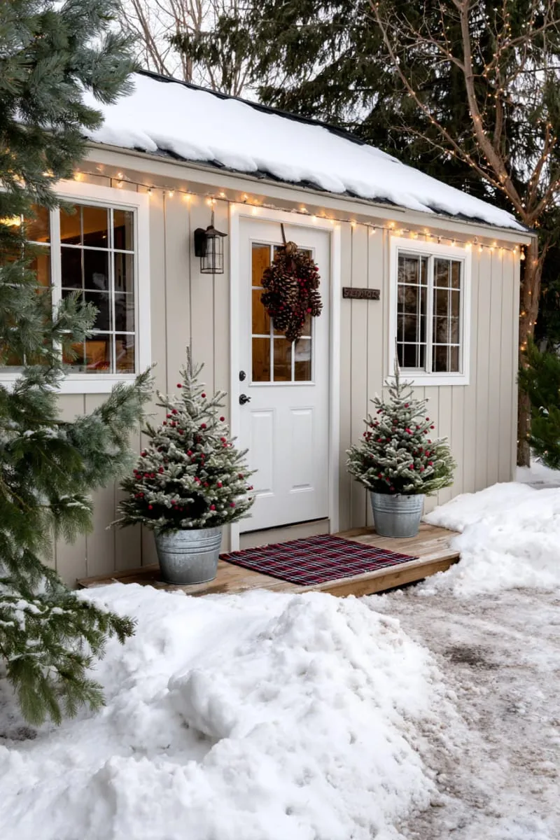 15 She Shed Christmas Decor Ideas For A Unique Winter Wonderland 12 mini christmas trees in galvanized buckets flanking the shed entrance 1