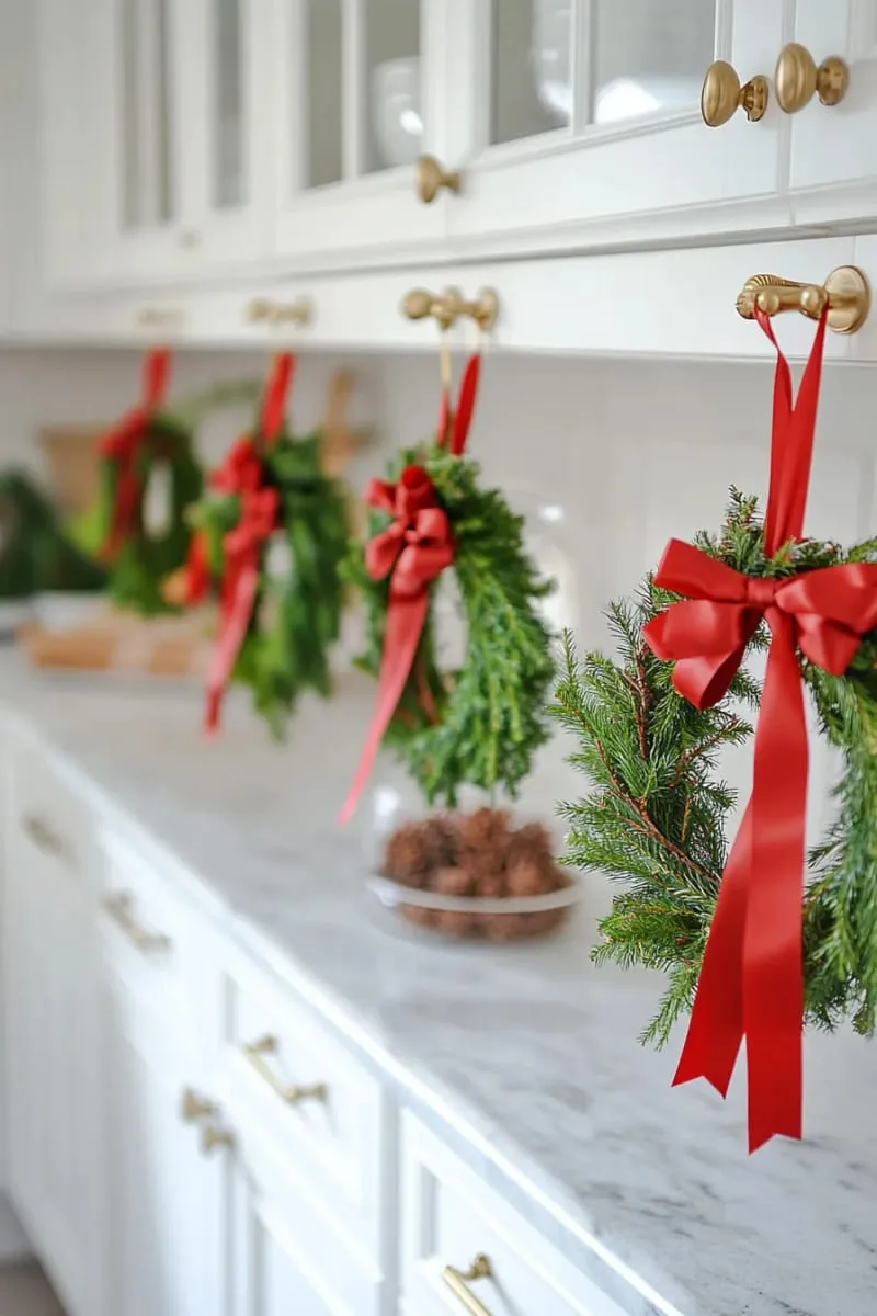 mini evergreen wreaths hanging from red satin ribbons on cabinet handles 1